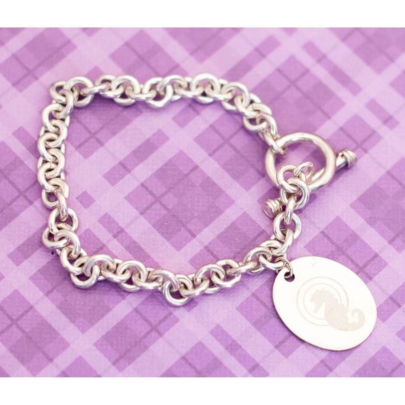 Vintage Oval Sea Horse Pendant Sterling Silver Bracelet 7 inch - V10 - Picture 2 of 3